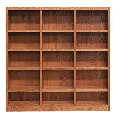 BOWERY HILL 72" Classic Triple Wide Wood Bookcase with 12 Adjustable and 3 Fixed Shelves in Dry Oak Finish - WoodArtSupply