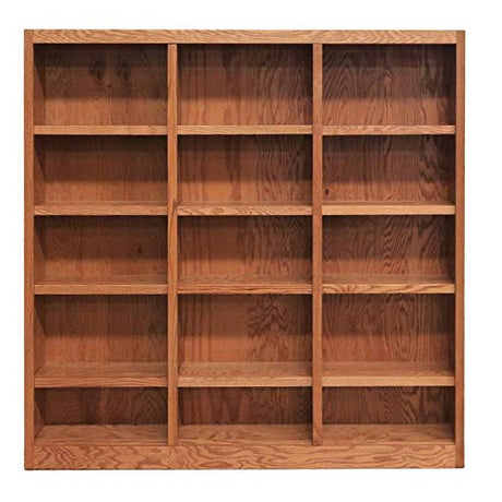 BOWERY HILL 72" Classic Triple Wide Wood Bookcase with 12 Adjustable and 3 Fixed Shelves in Dry Oak Finish BOWERY HILL