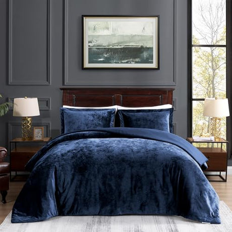 TAMGHO Navy Blue Velvet Comforter King Set 3pc, Blue Velvet Bedding King Size for All Seasons, 1 Comforter (108"x96") and 2 Pillow Shams (20"x36") TAMGHO