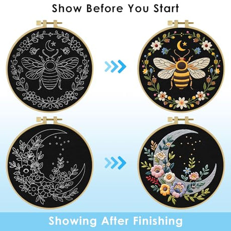 ERKOON Embroidery Kit for Beginners, 2 Set Flower Cross Stitch Set Include Embroidery Cloth Hoops Threads for Craft Lover Hand Stitch with Embroidery Skill Techniques (Bee Moon) ERKOON