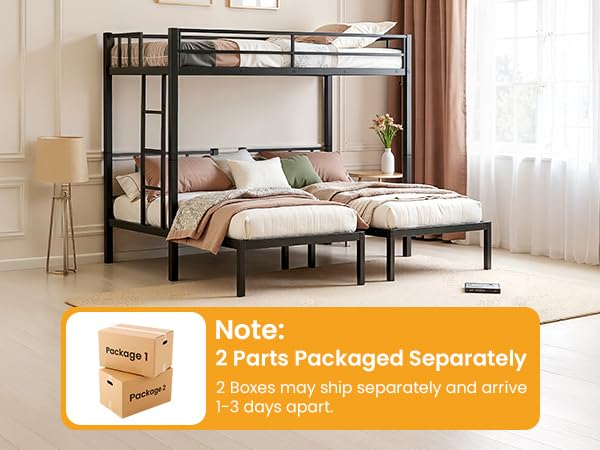 Mixcous Heavy Duty Triple Bunk Bed, Twin Over Twin Over Twin with Guardrails and Ladder, Metal Bunk Bed for 3, 3 Bed Teens and Adults, No Box Spring Needed, Black Mixcous