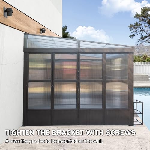 Domi 10x12FT Wall Mounted Sunroom Gazebo, Aluminum Enclosed Gazebo with 2 Lockable Sliding Doors,Sloping Polycarbonate Roof&Moveable PVC Screen, Outdoor Sun Room Lean to Gazebo for Deck Patio domi outdoor living