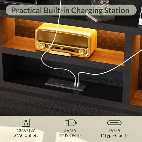 LARMACE King Size Bed Frame with 6 Storage Drawers and Headboard Wooden Platform Bed Frame with LED Lights and Charging Station Easy Assembly/No Box Spring Needed/Black LARMACE