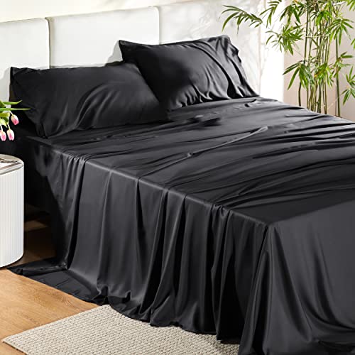 Bedsure Full Size Bed Sheets, Cooling Sheets, Rayon Derived from Bamboo, Breathable & Soft, Deep Pocket Up to 16 Inches, Hotel Luxury Silky Bedding for Hot Sleepers, Black Bedsure