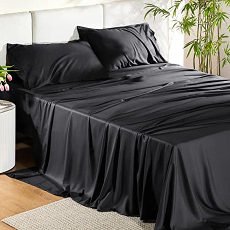 Bedsure Full Size Bed Sheets, Cooling Sheets, Rayon Derived from Bamboo, Breathable & Soft, Deep Pocket Up to 16 Inches, Hotel Luxury Silky Bedding for Hot Sleepers, Black Bedsure