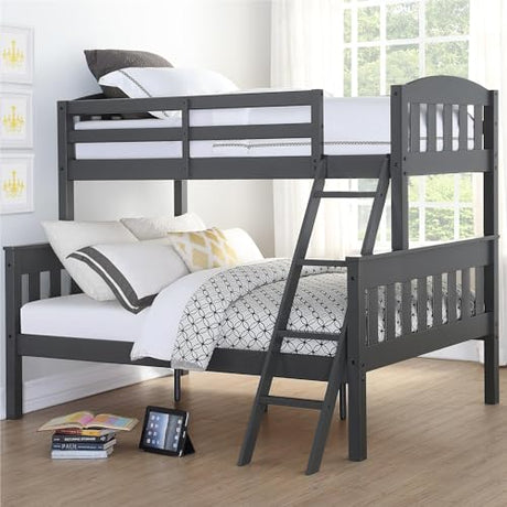 DHP Airlie Convertible Wood Bunk Bed Twin Over Full Size, Stackable and Detachable Bed Frames for Kids, Teens, Angled Ladder, High Guardrail, Wood Slats, No Boxspring Required, Grey DHP