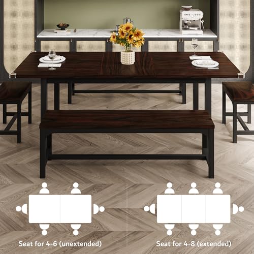 iPormis 5-Piece Dining Table Set for 4-8 People, Extendable Kitchen Table Set with 2 Benches and 2 Square Stools, Mid-Century Dining Room Table with Metal Frame & MDF Board, Saving Space, Espresso iPormis