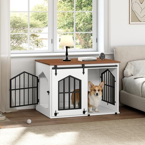 MAHANCRIS Dog Crate Furniture, 31.5" Farmhouse Dog Kennel with Sliding Barn Door, Wooden Dog Cage for Small Medium Dogs, Decorative Pet House Side End Table, Chew-Resistant, White and Walnut DCBA9601 MAHANCRIS