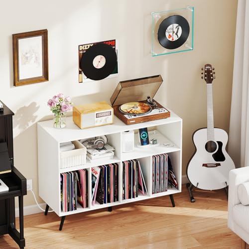 Giantex Large Record Player Stand with Charging Station, Turntable Stand Holds Up to 300 Albums, Record Player Table with Raised Leg, Vinyl Record Storage for Living Room (White) Giantex