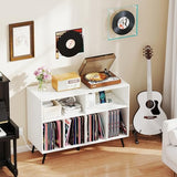 Giantex Large Record Player Stand with Charging Station, Turntable Stand Holds Up to 300 Albums, Record Player Table with Raised Leg, Vinyl Record Storage for Living Room (White) Giantex