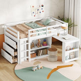 KEIKI Twin Loft Bed with Pull-Out Desk, Drawers & Open Shelves, Wooden Bed Frame with Guardrail, Low Design for Kids, White KEIKI
