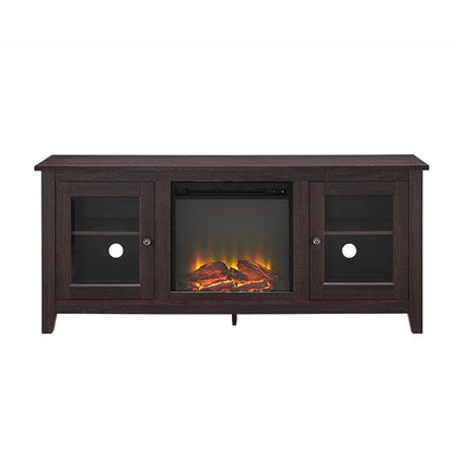 Walker Edison Rustic Wood and Glass Fireplace TV Stand for TV's up to 64" Flat Screen Living Room Storage Cabinet Doors and Shelves Entertainment Center, 58 Inch, Espresso Brown