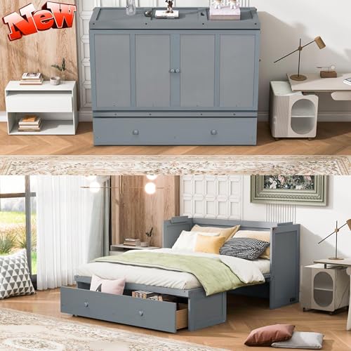 Harper & Bright Designs Queen Murphy Bed with USB Charging Station and Large Drawer, Wooden Queen Size Bed Wall Bed with Storage, Cube Cabinet Bed for Home Office Guest Room Bedroom,Gray Harper & Bright Designs