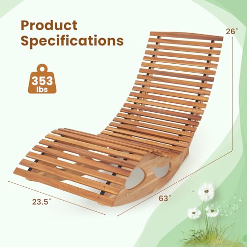 HAPPYGRILL Outdoor Acacia Wood Chaise Lounge, Rocking Chair with High Back, Slatted Seat, Stopper, Outside Wood Rocker, 350 Lbs Capacity Sun Lounger