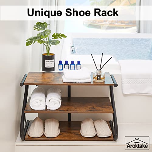 Aroktake 3-Tier Shoe Rack, Wooden Shoe Storage with S Shape Heavy Duty Metal Free Standing, Shoe Organizer Shelf for Entryway, Living Room, Closet, Bedroom (Rustic) Aroktake
