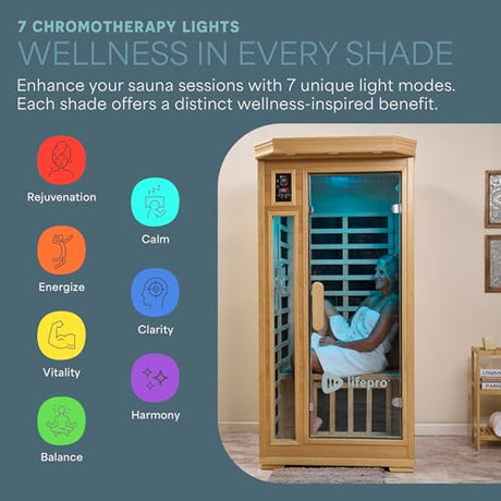 LifePro RejuvaCure 1 Person Far Infrared Sauna for Home - Tempered Glass Door, Oxygen Ionizer, & 7 Chromotherapy Lights for Indoor Sauna - Canadian Hemlock Wood Dry Sauna with Bluetooth Sound System LifePro