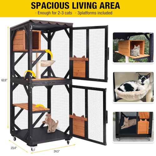 Aivituvin Cat House Window Catio Outdoor Cat Enclosure Mobile Kitty Shelter on Wheels Pet Cage with Resting Box,Hammocks,Waterproof Cover Aivituvin
