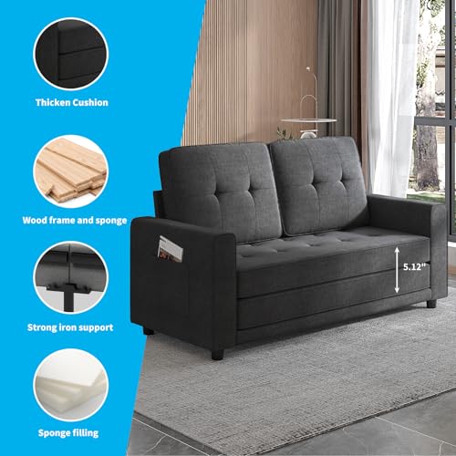 Mjkone Futon Floor Pull Out Sofa Bed, Folding Loveseat Sleeper with Tri-Fold Pullout Beds, 55" Width 2-in-1 Multi-Function Fold Out Gaming Sleeper Sofas Couch for Living Room Home Office, Dark Grey Mjkone