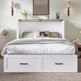 FUvellamo Full Size Murphy Bed Cabinet with Charging Station, Solid Wood Multi-Functional Foldable Platform Bed with Large Storage Drawer for Home Office or Small Room, White FUvellamo