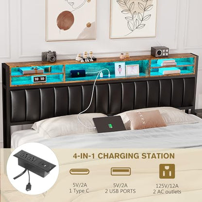 King Size Bed Frame with 4 Storage Drawers and Bookcase Headboard, LED Upholstered Platform Bed King Size with USB-C & USB Charging Station, Double-row Support Bar, No Box Spring Needed, Black