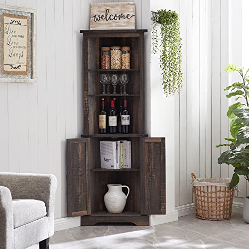 OKD Tall Corner Cabinet, Farmhouse Storage Cabinet with Barn Door Design & Adjustable Shelves, Home Space Saver for Bathroom, Living Room, Dark - WoodArtSupply