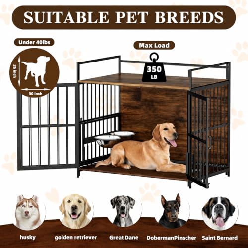 41 Inch Dog Crate Furniture for Large Dogs, Wooden Indoor Dog Cage with Double Doors, Built-in 360° Swivel Bowls, Comfortable Flat Floor, Rustic Style End Table Kennel Zoolati