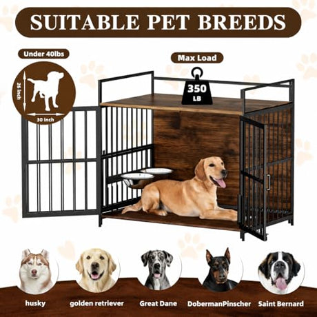 41 Inch Dog Crate Furniture for Large Dogs, Wooden Indoor Dog Cage with Double Doors, Built-in 360° Swivel Bowls, Comfortable Flat Floor, Rustic Style End Table Kennel Zoolati