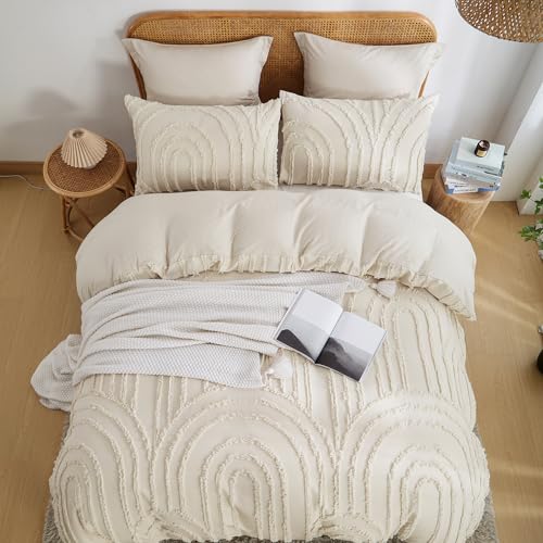 Nayoroom Boho Duvet Cover Full Size Beige Tufted Chenille Rainbow Textured Comforter Cover 3 Pcs Luxury Soft Washed Microfiber Aesthetic Bedding Set with Zipper Closure for All Seasons Nayoroom