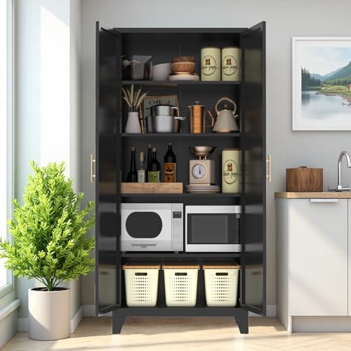 Ball & Cast 71″Tall Freestanding Kitchen Pantry Cabinet,Versatile Metal Storage Cabinet w/Adjustable Shelves & Doors,Pantry Cabinet for Kitchen and Dining Room,Black Ball & Cast