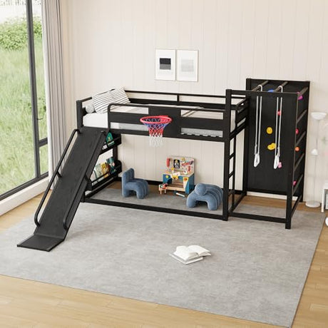 LUMISOL Twin Size Loft Bed with Slide, Basketball Hoop,Pull-up Rings and Climbing Wall, Heavy-Duty Metal Bunk Bed with Jungle Gym, Bookshelves for Kids, Boys, Girls, Black LUMISOL