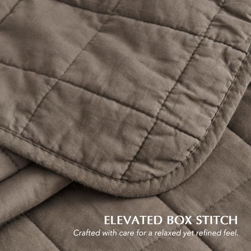 EVERGRACEHOME 100% Cotton Box Stitch Quilt Bedding Set King Size 3 Pieces, Garment-Washed Lightweight Soft Cozy Coverlet, Oversized Quilted Bedspread Sets with 2 Shams for All Season, Mocha Brown EVERGRACEHOME