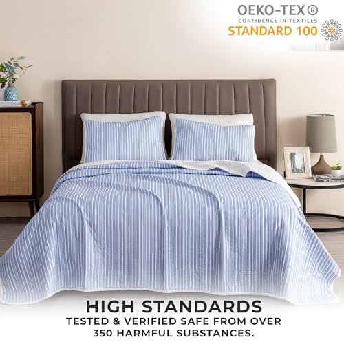 Great Bay Home 3-Piece King Reversible Lightweight Quilt Comforter with 2 Shams | All-Season, Modern, Striped Bedspreads | Blue Striped Coverlet Sets | Marcie Quilts Collection Great Bay Home