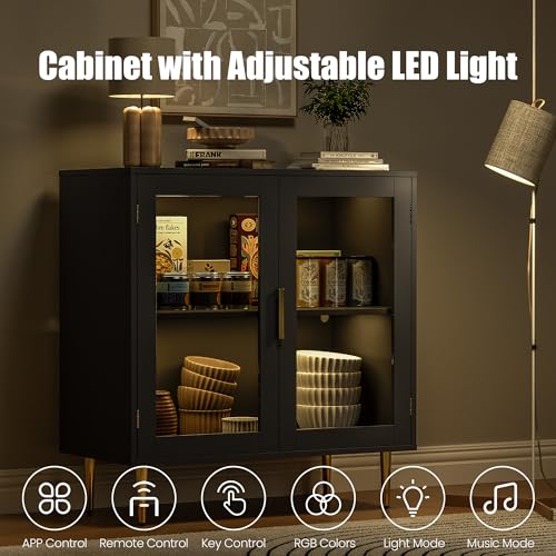 Housoul Sideboard Buffet Cabinet with 4 Doors, Modern Sideboard Cabinet with LED Lights, Bar Cabine with Adjustable Shelf, Coffee Bar Storage Cabinet with Golden Handles for Kitchen, Black Housoul