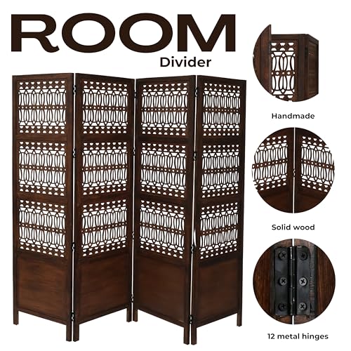 Room Divider Screen, 4-Panel Folding Wood Screen Pattern, Antique Brown, 72 x 80 Inches, Hand Carved Decorative and Functional, Reversible, Portable Privacy Partition, Boho Style – Bedding Craft Bedding Craft