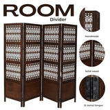 Room Divider Screen, 4-Panel Folding Wood Screen Pattern, Antique Brown, 72 x 80 Inches, Hand Carved Decorative and Functional, Reversible, Portable Privacy Partition, Boho Style – Bedding Craft Bedding Craft