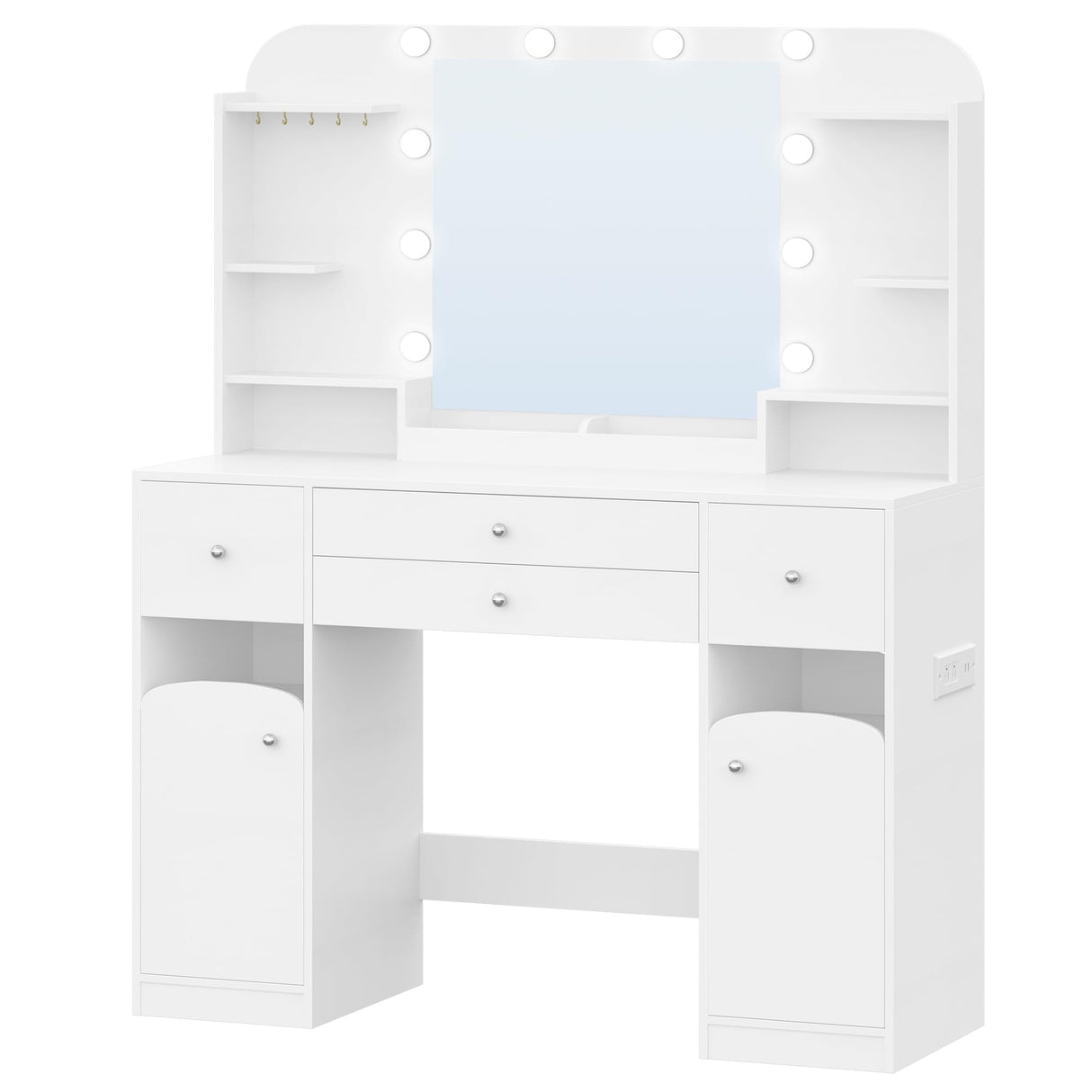 HEXCELEN 42.5" Large Vanity Desk，Dressing Table with Mirror and LED Light, Power Strip, 4 Drawers, 2 Open Storage Cabinets, and Jewelry Storage for Bedrooms, White HEXCELEN