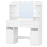 HEXCELEN 42.5" Large Vanity Desk，Dressing Table with Mirror and LED Light, Power Strip, 4 Drawers, 2 Open Storage Cabinets, and Jewelry Storage for Bedrooms, White HEXCELEN