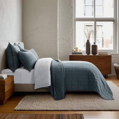 EVERGRACEHOME 100% Cotton Box Stitch Quilt Bedding Set King Size 3 Pieces, Garment-Washed Lightweight Soft Cozy Coverlet, Oversized Quilted Bedspread Sets with 2 Shams for All Season, Midnight Blue EVERGRACEHOME