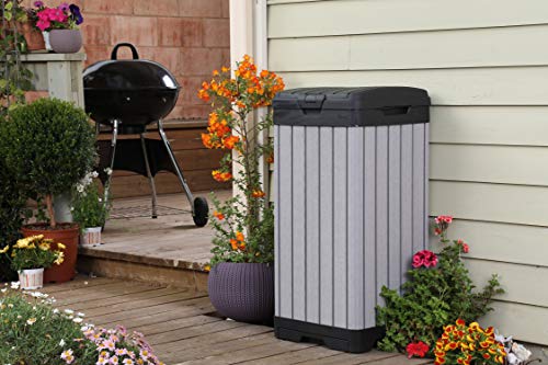 Keter Rockford Resin 38 Gallon Outdoor Kitchen Trash Can with Lid and Drip Tray for Easy Cleaning-Perfect for Patio Dining, Grey Keter
