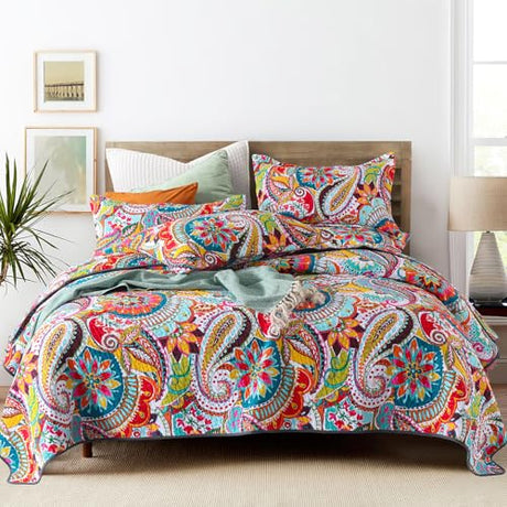 Qucover 100% Cotton Twin Quilt Set, 2 Piece Multicolor Paisley Boho Style Twin Bedspread with Pillow Shams, 68"x86" Qucover