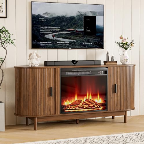 Jluomei Electric Fireplace TV Stand for 65 60 70 Inch TV, Fluted TV Stand, Entertainment Center with Storage, Wood Media Console Cabinet with Sliding Doors, Adjustable Shelves, Living Room, Walnut Jluomei