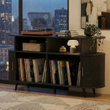 55” Mid Century Record Player Stand, Round Record Storage Cabinet with Charging Station, Turntable Stand Holds up to 300+ Albums, Large Vinyl Record Player Shelf for Media Stereo Audio, Black Quelthar