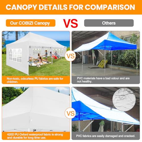 COBIZI 10x30 Pop up Canopy with Roller Bag & 8 Removable Sidewalls, Canopy Tent for Parties, Wedding, and Commercials, Waterproof and Instant Shelter UV50+ Outdoor Gazebo with 4 Sandbags(White) COBIZI