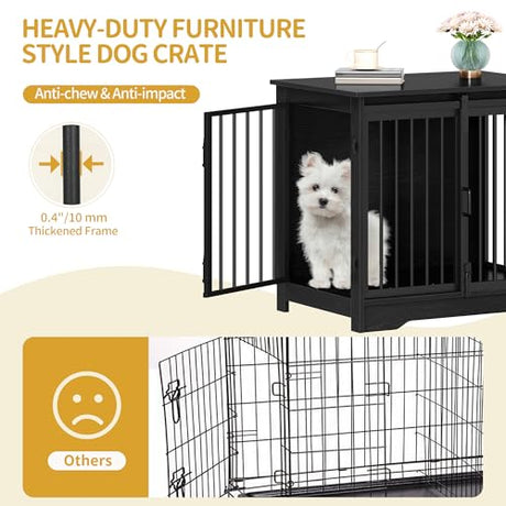 Hzuaneri 27.2" Dog Crate Furniture with Barn Door, Heavy Duty Dog Kennel Indoor with 2 Doors, Wooden Pet Cage End Table for Small Medium Dogs up to 22 lb, Anti-Chew Anti-Escape, Black DFC84304B Hzuaneri