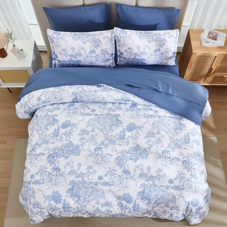 DJY Blue Comforter Set Queen, 7 Pieces Bed in a Bag Queen Size Botanical Comforters with Sheets Elegant Plants Print Soft Microfiber Reversible Complete Bedding Sets for All Season DJY