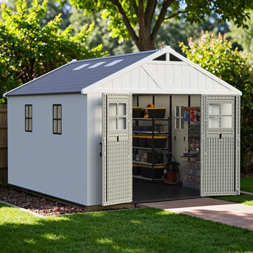 Greesum 10×12 FT Plastic Outdoor Storage Shed with Floor and Lockable Door, Resin Sheds with Windows and Skylights, Weather Resistant Organization for Garden, Lawn, Pool Supplies, Beige Greesum