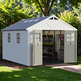 Greesum 10×12 FT Plastic Outdoor Storage Shed with Floor and Lockable Door, Resin Sheds with Windows and Skylights, Weather Resistant Organization for Garden, Lawn, Pool Supplies, Beige Greesum