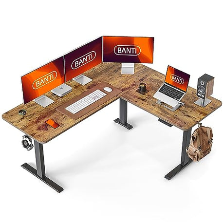 BANTI L-Shaped Standing Desk - 63 x 55 Inch Adjustable Corner Standing Desk with Charging Station - L Shape Sit Stand Table with Memory Controller, Splice Board for Home Office, Rustic Brown BANTI