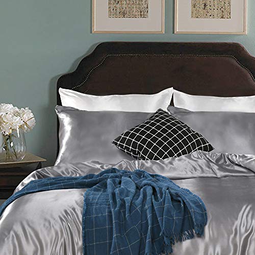 Erosebridal Hotel Grey Duvet Cover Twin/Single Silk Like Satin Bedding Set Summer Reversible Quilt Comforter Cover Honeymoon Sexy Luxury Soft Lightweight Brushed Bedspreads for Farmhouse Room Decor Erosebridal