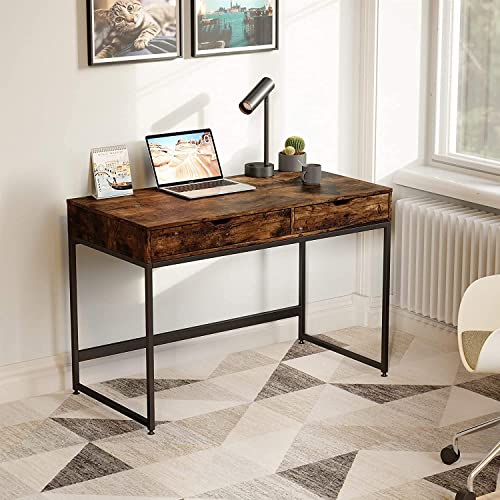Bestier Small Rectangular Office Writing Computer Workstation Vanity Makeup Desk Minimal Elegant Simple Style with 2 Large Drawers, Rustic Brown Bestier